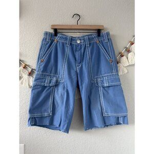 True Religion ISAAC Natural Big T Cargo Shorts Blue Y2k Baggy Mens 32 MEG841EH